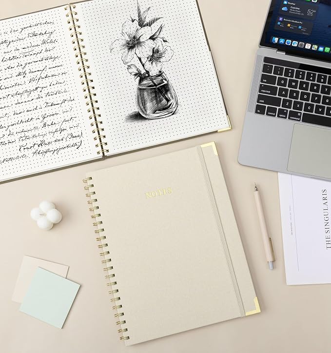 A4 Large Dotted Spiral Notebook Journal, (8.5×11'') 100 Pages 50 Sheets Linen Hardcover College Ruled Journaling For Work & Note Taking Thick Spiral Journal For Writing Daily Journal For Women & Men- White