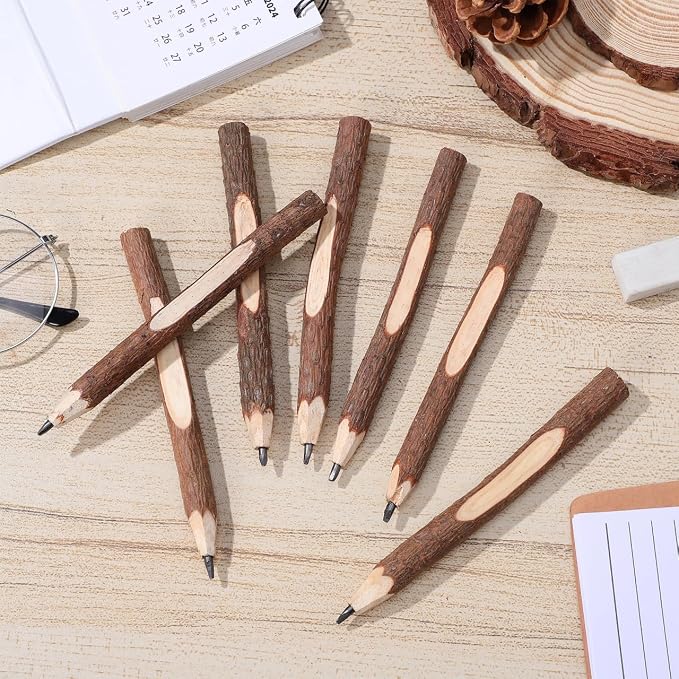 Tofficu 32Pcs Natural Wood Pencils, Wood Graphite Long Twig Pencils, Wooden Tree Bark Pencil Decor, Camping Pens for School Party Supplies Novelty