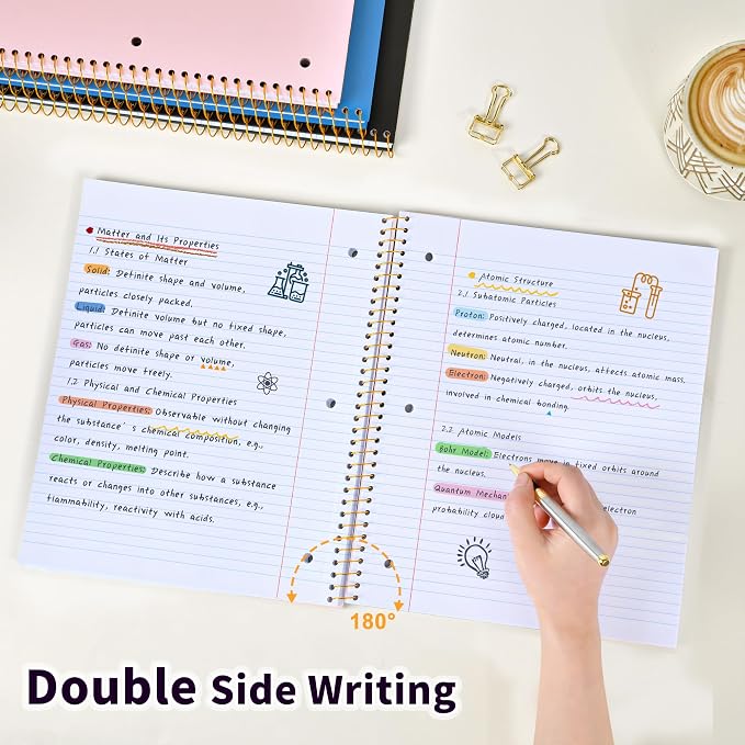 MUAHLIUB Spiral Notebook College Ruled Paper 8" x 10-1/2", 1 Subject Spiral Notebook, 3-Hole Punched Perforated Pages Ideal for School, Office, Writing, 95 Sheets Lined Journaling Notebook, Pink