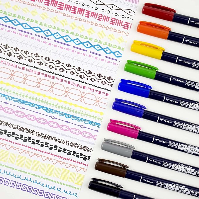 Tombow 56429 Fudenosuke Colors Brush Pens, 10-Pack. Hard Tip Fudenosuke Brush Pens in Assorted Colors for Calligraphy and Art Drawings