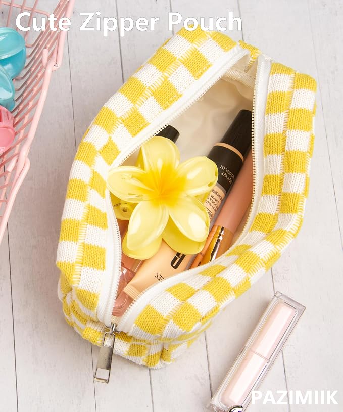 PAZIMIIK Checkered Makeup Bag for Purse, Small Travel Cosmetic Pouch,Yellow | Cute Zipper Makeup Organizer for Women, Travel Essentials, Toiletries, Makeup Brushes, Beauty Accessories&Bridesmaid Gifts