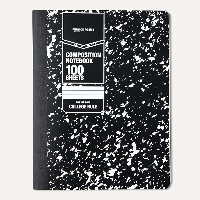 Amazon Basics Composition Notebook, College Ruled, 100 Sheets, 9.75" x 7.5", Marble Black, 12-Pack