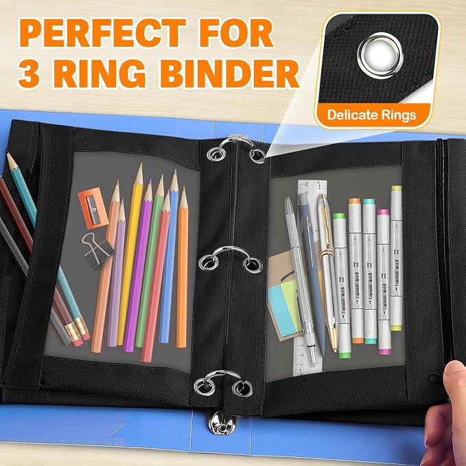 Pencil Pouch for 3 Ring Binder, 100 Packs Zipper Pencil Pouch Bulk in Black Colors, Pencil Case for Binder with Clear Window for School, Home and Office