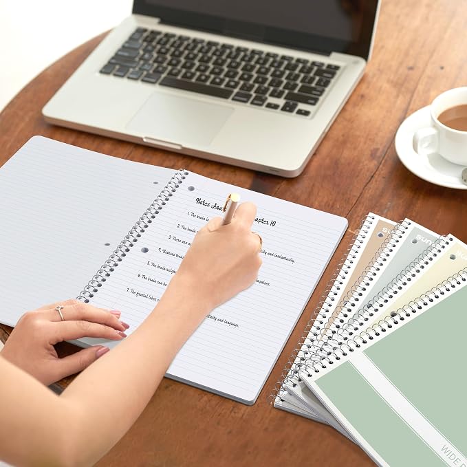 SUNEE Spiral Notebooks Wide Ruled, 1-Subject, 4 Pack, 8 x 10-1/2 inch, 70 Sheets, 3-Hole Punched 70gsm Paper, Green, Grey, Beige, Red for Work, Home & School, Writing Journal