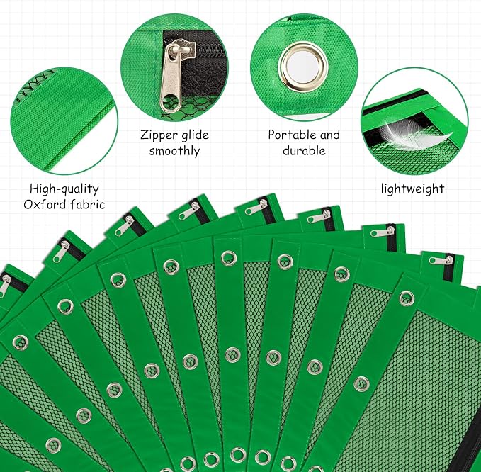 IKAYAS 3 Pack Pencil Pouch for 3 Ring Binder with Zipper, Pouch Bags for Classroom, Storing School Supplies, Green