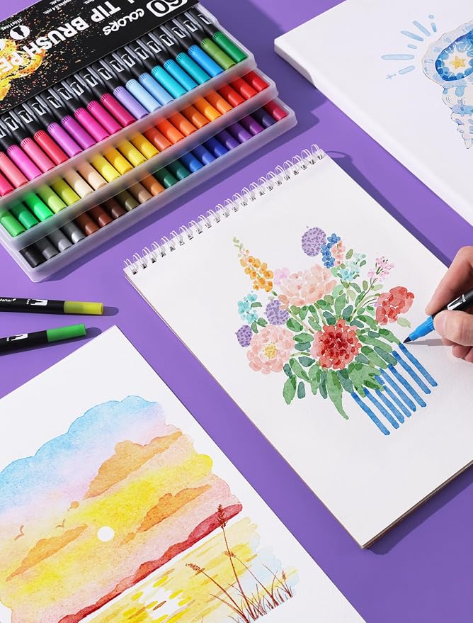 TOSHARE 60 Colors Brush & Fine Dual Tip Watercolor Markers for Adult Coloring Books No Bleeding Paint Pens For Drawing Note Taking Planner Calligraphy Journaling Card Making Back-to-School Supplies