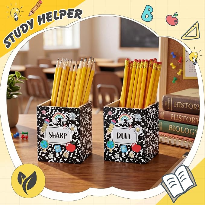 DoubleFill 2 Pcs Notebook Shaped Holder Sharp Dull Holder Wooden Dispenser Pencil Storage with Classic Composition Notebook Design for Back to School Teachers Classroom Organization Accessories