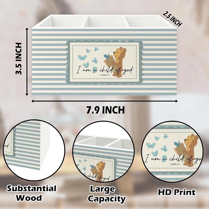 Christian Bear Pen Pencil Holder Organizer for Desk, Bible Verse Religious Wooden Box Signs Decorations for Kids Nursery Room Classroom Desk Tabletop, Christian Gifts for Kids