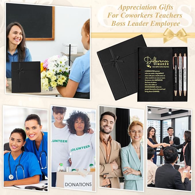 Thenshop 5 Pcs Difference Maker Gifts Journal with Pen Leather Notebook 3 Ballpoint Pens Box Thank You Gift for Nurse Boss Employee Coworker Teacher Volunteer Social Worker Assistant(Black)