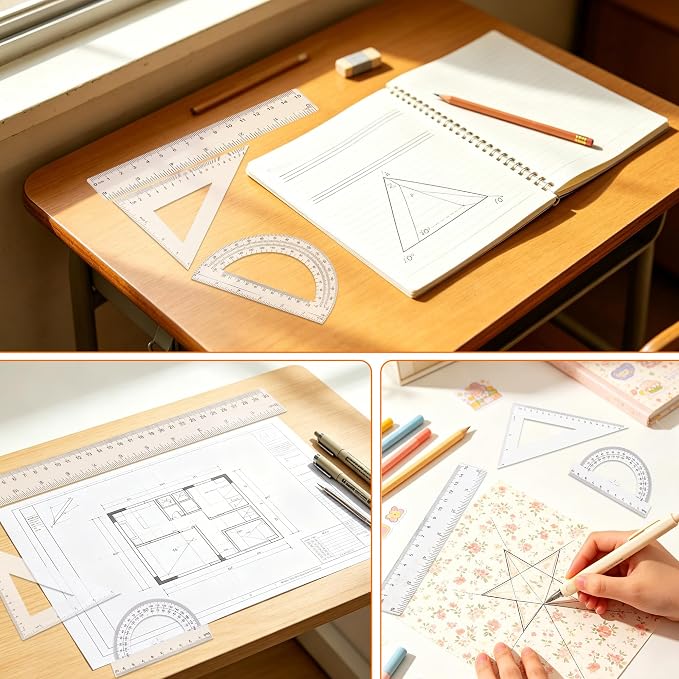 Plastic Clear Ruler Math Set - 6'' 12'' Transparent Straight Ruler, 4'' 6'' Protractor, 30/60 & 45/90 Triangle Ruler, Geometry Math Measuring Tool for School Office Drawing Teachers Kids Supplies