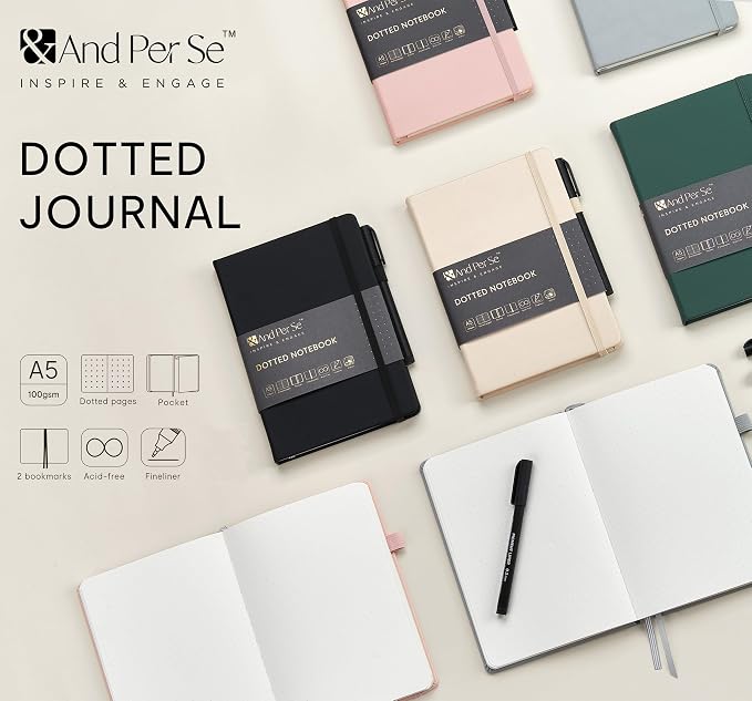 &And Per Se Dotted Journal and Pen Set, A5 Leather Hardcover Dotted Notebook, 160 Pages 100GSM Thick Paper Dot Grid Journal with Fineliner Pen (Cyan)