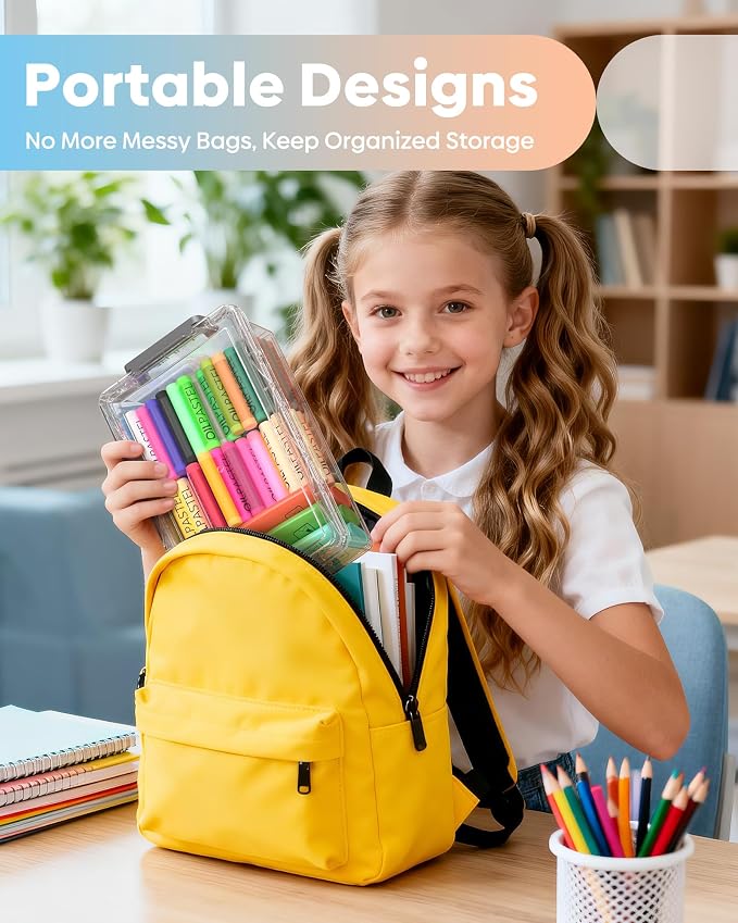 BiuLeon 8 Pack Large Pencil Box Set, Plastic Clear Pencil Case Marker Organizer, Crayon Box Craft Organizers, Stackable Storage Containers with Lid for Pen, Art and Craft Supplies(Grey)