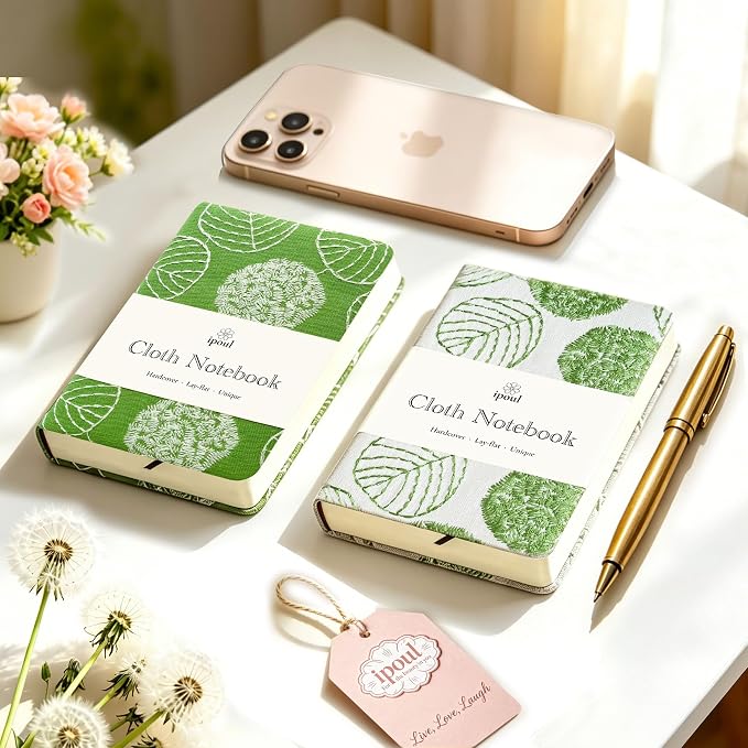 Embroidered Mini Notebook for Girl, Small Fabric Hardcover Journal, A6, 264 Pages, 4x6 Lined Notebook & unlined Sketchbook, Cute Diary, Pocket Notepad Kids Journal, Green Leaf.