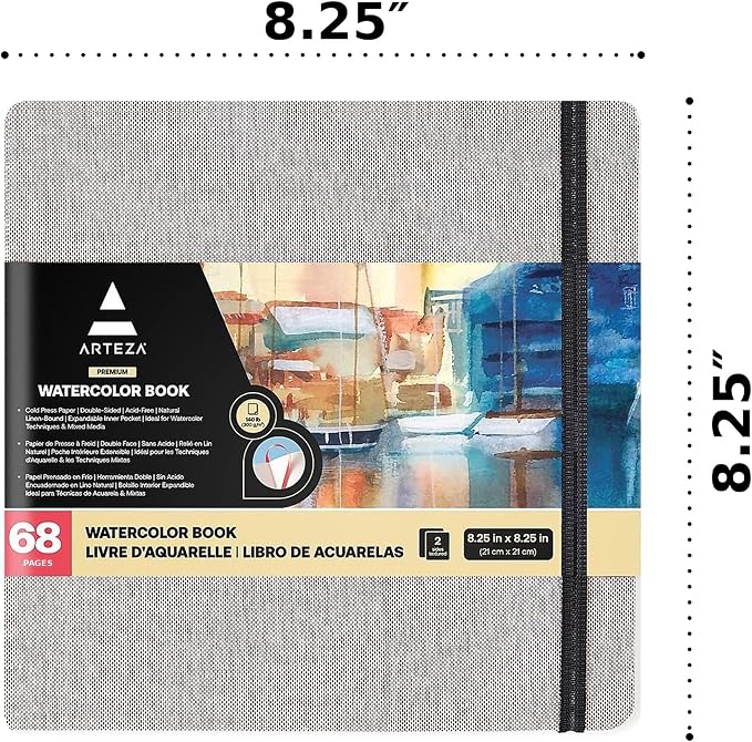 ARTEZA Watercolor Sketchbooks, Pack of 2, 8.25 x 8.25 Inches, 68 Pages Each, 110 lb / 230 GSM, Cold Press, Dual-Sided, Acid-Free Linen-Bound Hardcover Books for Watercolor and Mixed Media