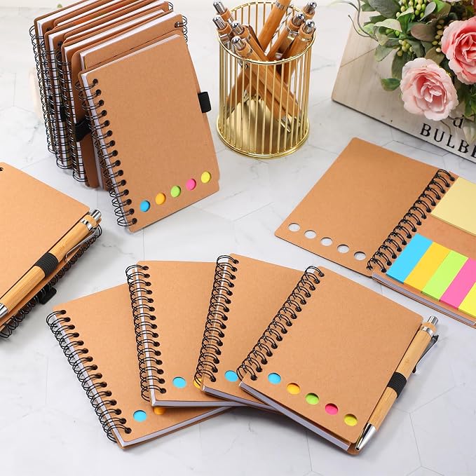 Chuangdi 10 Sets Lined Spiral Notebooks with Sticky Notes and Bamboo Pens, Back-to-school Supplies for Office Teacher Staff, Kraft Notebook with Pen Set Bulk for Employee