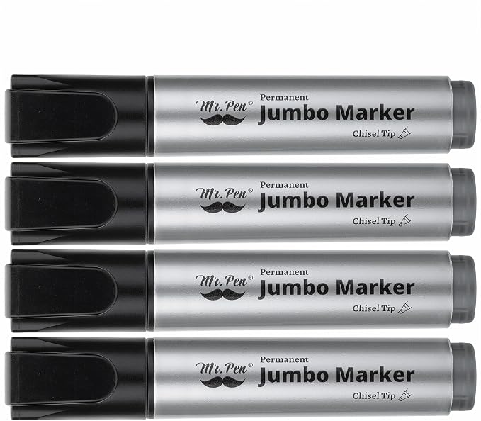 Mr. Pen- Jumbo Permanent Markers, 4 Pack, Black, Chisel Tip | Wide Tip, Large, Thick Permanent Markers for Canvas, Posters Board, Fabric, Window, Glass, Wood, Waterproof, Quick Dry