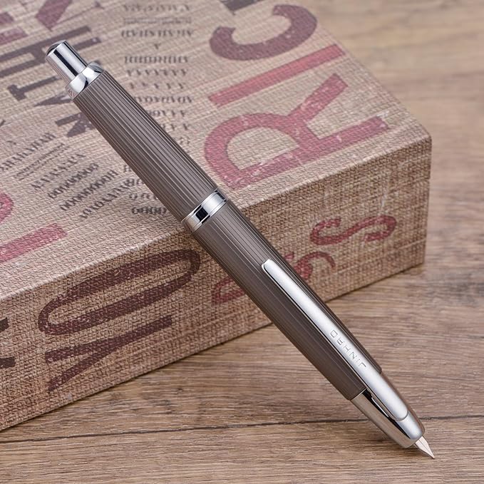 Jinhao 10 Press Fountain Pen with Box, Brushed Matt Gray Retractable Fine Nib with Converter Set (Silver Clip)