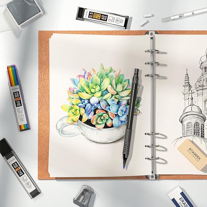 STAGEEK 25PCS Art Mechanical Pencil Set, 3PCS Metal lead pencil 0.5, 0.7, 0.9, 2PCS 2mm Drawing Pencil (HB 2H 2B 4B Color) with 392PCS Graphite Leads, Eraser with Case for Drafting Drawing Writing