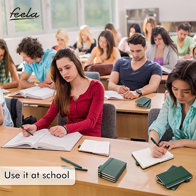 feela 6 Pack Pocket Mini Notebooks Bulk, Small Cute Memo Notepads Hardcover College Ruled Lined Journals with Pen Holder for School Business Work, with 6 Black Pens, 3.5”x 5.5”, A6, Dark Green