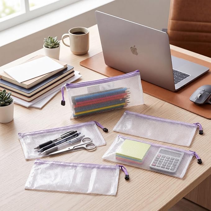Zhehao 200 Pieces A6 Mesh Zipper Pouch Bulk Mesh Bags with Zipper Waterproof Small Pencil Pouches for Office Supplies Organization 9.4 x 4.5 Inches(Purple)
