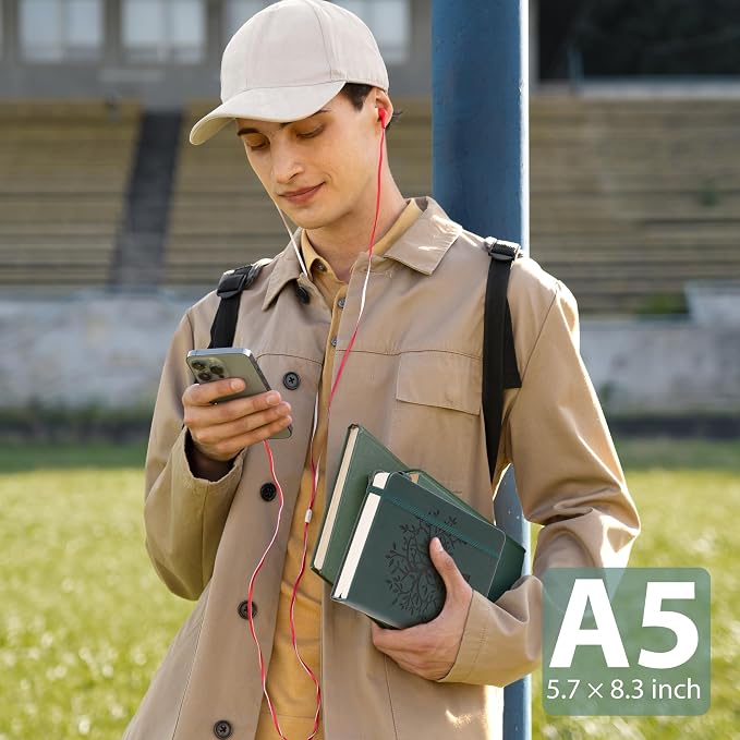 CAGIE Leather Bound Journal for Men & Women, A5 Lined Notebook with 320 Numbered Pages, 100 GSM Thick Paper, Lay Flat Hardcover Journal for Writing, Work, Travel & Daily Use (Green)