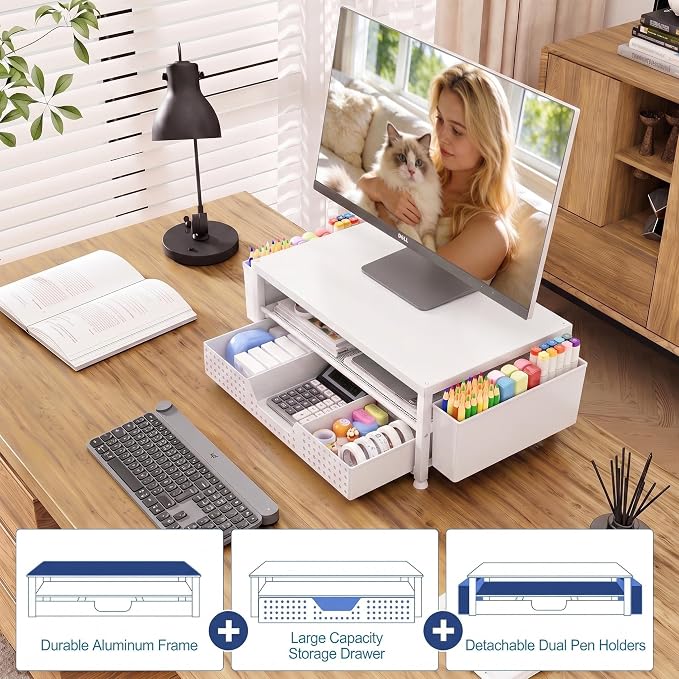 OPNICE Desk Organizers and Accessories, 2-Tier Computer Monitor Stand Riser with Drawer and 2 Pen Holders, Laptop Stand, Office Desk Accessories for Office Supplies, White