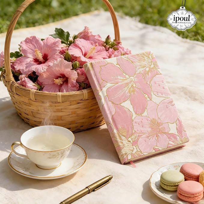 ipoul Pink Notebook, Pretty Journals for Women, A5, 6x8, Hardcover, Lay Flat, Lined Paper, Writing Journal, Cute Notebook, Hibiscus Flower, Diary, Female Gifts