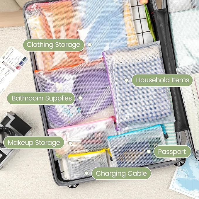 Smarpau 8pcs Mesh Zipper Pouch Bags,8 Sizes 8 Colors Clear Plastic File Bag | Multipurpose Waterproof Document Pouch for Office School Supplies,Travel Storage,Board Game Storage,Home Organize