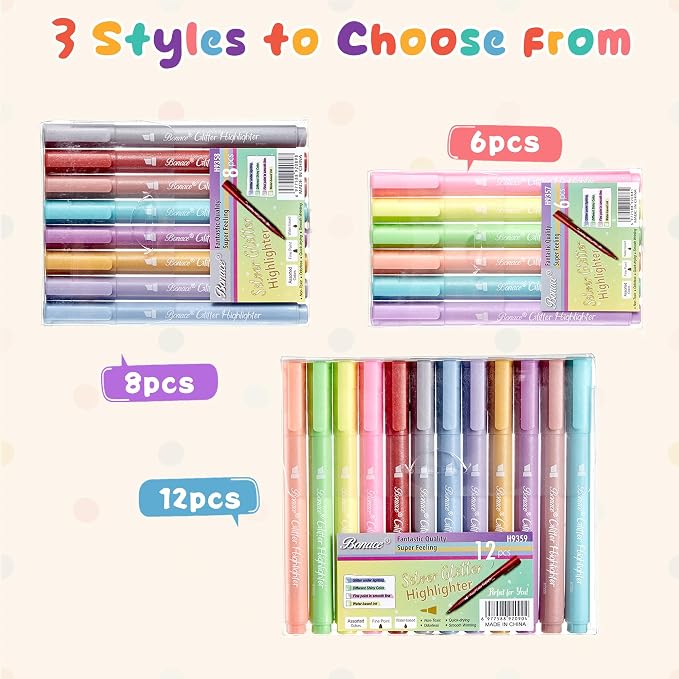 Silver Glitter Highlighters, 12 Metallic Colors, No Bleed Chisel Tip | Quick Dry for Bible Journaling, Planners, Scrapbooks & DIY Crafts