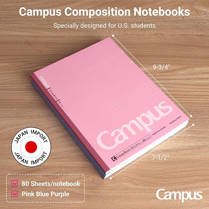 KOKUYO Composition Notebooks, 3 Pack Campus 9-3/4" x 7-1/2" Comp Book with Wide Ruled, 80 Sheets, Pink Blue Lavender School Lined Notebook Journal for Work Study Note Taking (WSG-NO-308CG2×3)