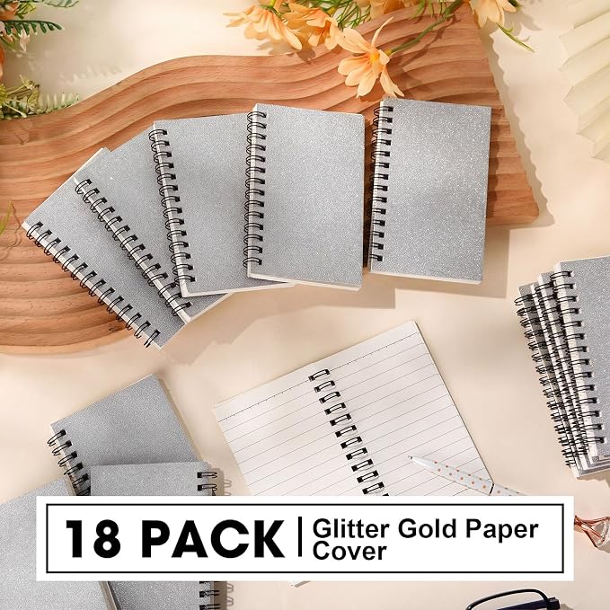 Jutom 18 Pcs Small Spiral Notebooks Memo Pads 3x5 Bulk Small Pocket Notepads Back to School Supplies Mini Notebook with Lined Mini Journals for Office & Work, 120 Pages (Glitter Sliver)