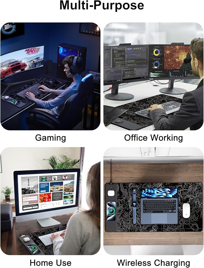 TopMade Mouse Pad with 15W Fast Wireless Charging, 31.5"x15.75" XXL Large Gaming Waterproof Desk Pad, Computer Desk Mat, Black Topographic Map #3 (Includes 20W PD Power Adapter & 6.56ft Woven Cable)