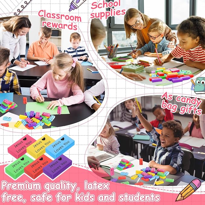 Resurhang 360 Pcs Erasers Bulk for Kids Inspirational Pencil Erasers Bulk for Drawing Motivational Big Eraser School Supplies for Classrooms Back to School Office (Jesus Loves You,Multicolor)