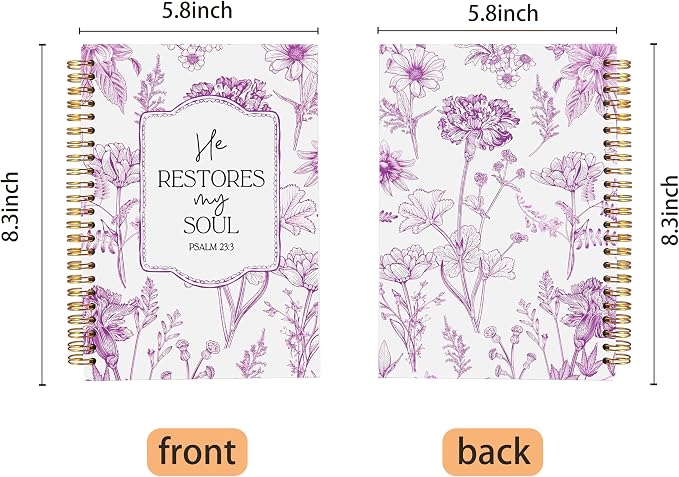 Christian Notebook for Women, Christian Gifts Journal, Prayer Journal for Women, Bible Journaling Notebook, PSALM 23:3 He Restores My Soul Floral Spiral Notebook 5.5x8.3
