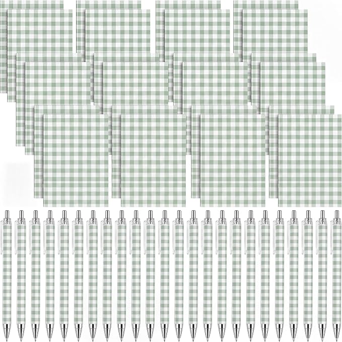 Engrowtic 24 Set Sage Green and White Checkered Pocket Notebooks with Ballpoint Pens Bulk Green Gingham Mini Notepads Gel Pens Small Journals for Wedding Parties, School, Office, Travel Gift