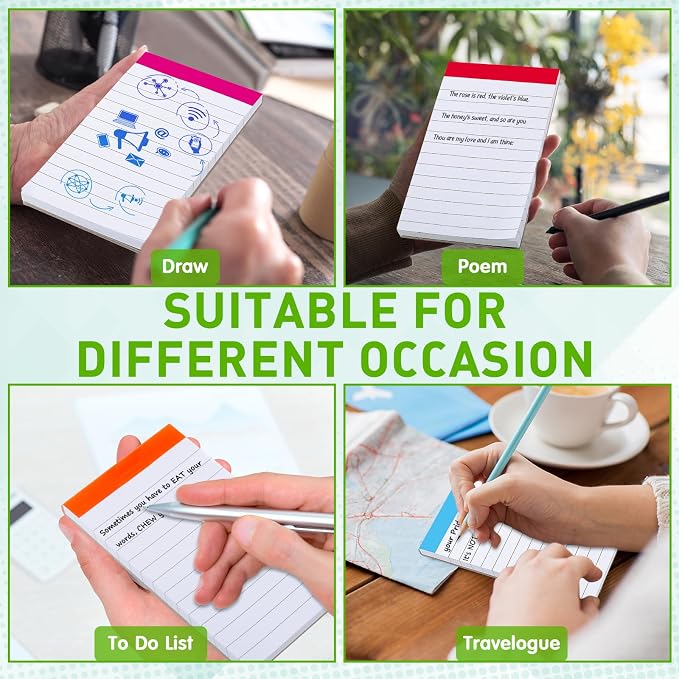 Tenceur 16 Pcs Small Notepads 3'' x 5'' Lined Writing Note Pad - 50 Sheets Per Memo Pad, 80 Gsm Paper Pads, Perforated Mini Pads Pocket Notebook Refills for Taking Notes and Reminders (Vibrant Color)
