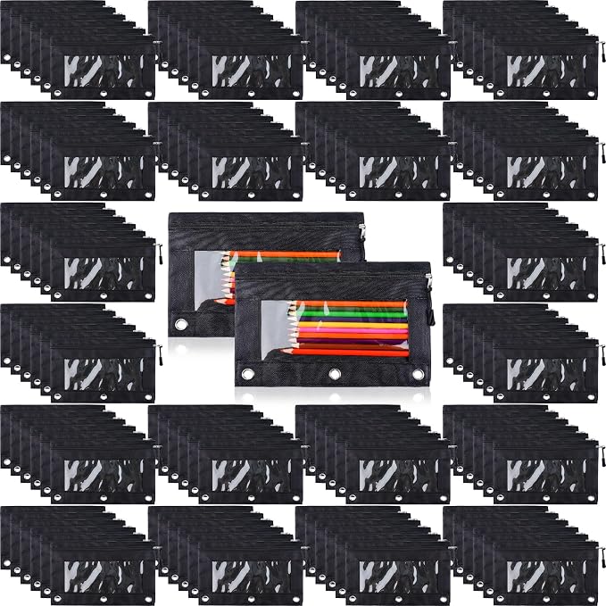 Zhehao 150 Pieces Zippers Binder Pencil Pouches 3 Ring Binder Zipper Pouches Case with Window Ring Pencil Bags Case or Office School Students Supplies(1 Zipper,Black)