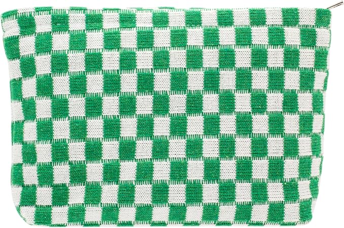 PAZIMIIK Checkered Makeup Bag for Purse, Small Flat Cosmetic Pouch,Green | Cute Zipper Makeup Organizer for Women, Travel Essentials, Toiletries, Makeup Brushes, Beauty Accessories&Bridesmaid Gifts