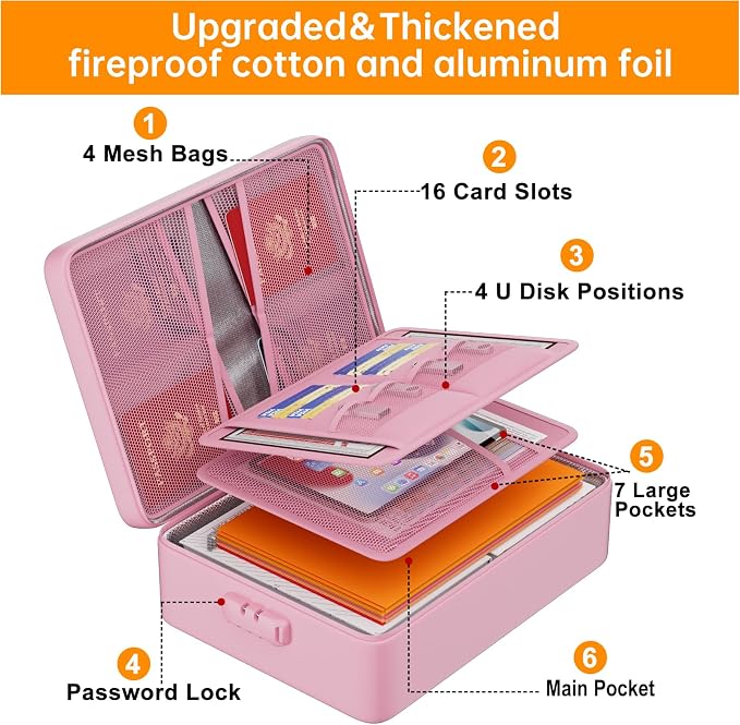 DocSafe 5200°F Fireproof Document Organizer Box with Lock, Pink (Soft) | Heat Insulated 8 Layers File Protection Bag,Water-Resistant Zipper,Portable Home Office Travel Safe Storage for Files,Laptop