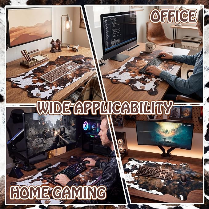 Sabary Large Cow Print Desk Mat Brown Cowhide Leather Print Gaming Mouse Pad Western Rug Irregular Shaped Animal Decor for Laptop PC Computer Office Home Desktop Decor 31.5" x 15.8"