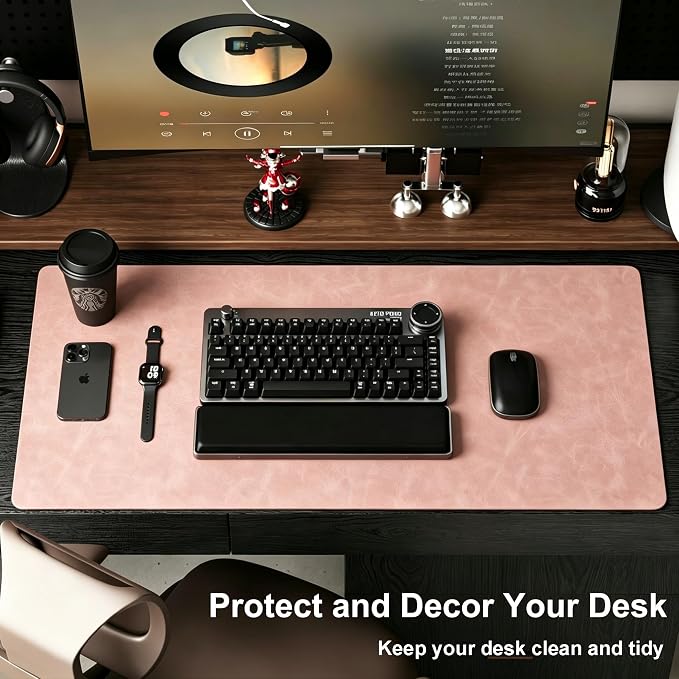 Distressed Leather Desk Mat - Non-Slip PU Leather Desk Pad Protector - Large Waterproof Mouse Pad Computer Keyboard Desk Mat Desk Accessories for Office & Home (Pink, 36"x17")