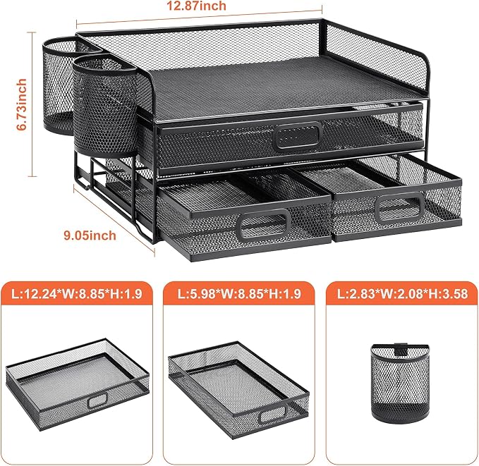 Marbrasse 3 Tier Mesh Desk Organizer with Drawer, Multi-Functional Desk Organizers and Accessories, Paper Letter Organizer with 2 Pen Holder for Home Office Supplies (Black)