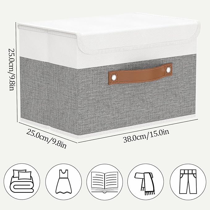 OUTBROS Foldable Storage Boxes, Large Linen Fabric, 15 x 9.8 x 9.8 inch, White/Grey, 3-Pack | Storage Cubes with Lid, Linen Fabric Wardrobe Baskets, Large Box For Towels, Clothes