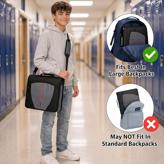 Case-it Mighty Zip Tab School Zipper Binder | 3-Inch O-Rings, 600-Sheet Capacity, 5-Subject Expanding File Folder, Multiple Pockets & Storage Organizer, Shoulder Strap | D-146 Coral