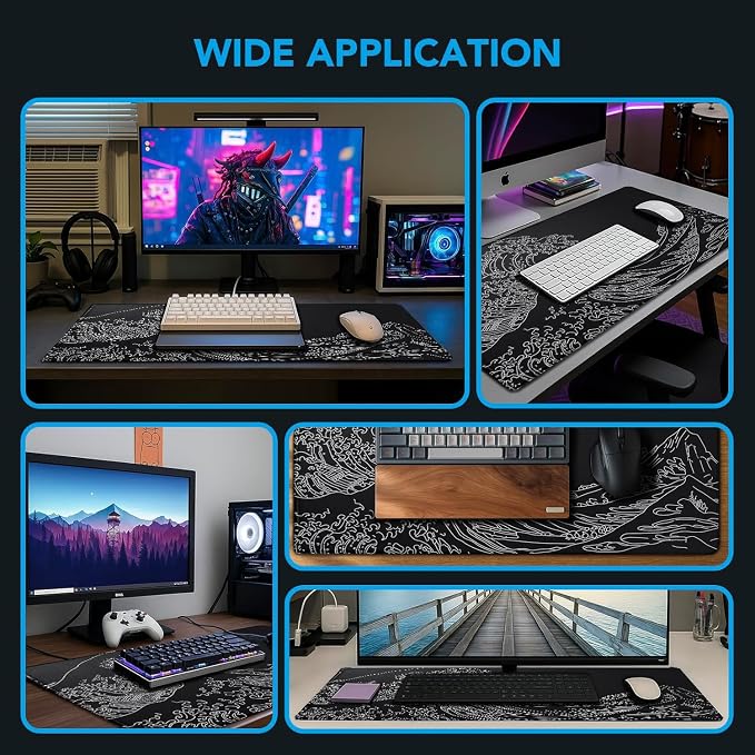 Large Gaming Mouse Pad, Waterproof Mousepad with Stitched Edges, Non-Slip Rubber Base, XXL Computer Long Keyboard Mouse Mat for Gamer, Office & Home, 31.5" x 15.7", Waves
