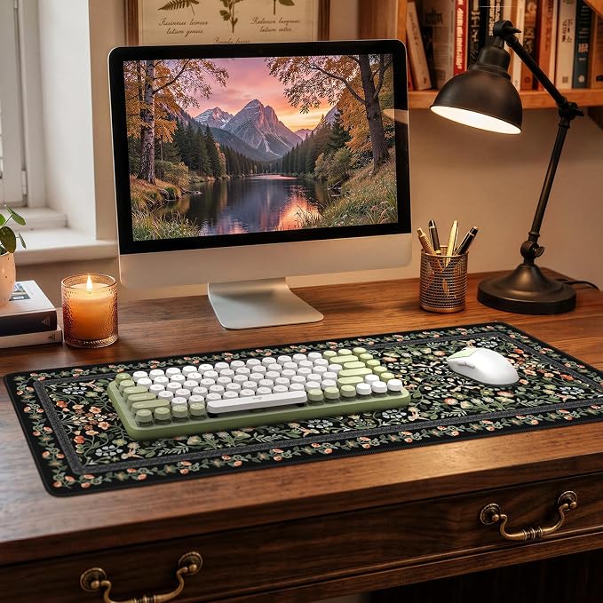 iCasso Aesthetic Floral Desk Mat, L Mouse Pads, Anti-Slip Retro Mousepad with Stitched Edges, Waterproof Computer Pad 11.8"x31.5",Desk Accessories Office Decor for Women(Black)