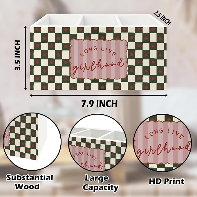 Girls Room Decor Pen Pencil Holder Organizer for Desk, Long Live Girlhood Green Checkered Wooden Box Signs Decorations for Kids Girls Room Bedroom Desk Tabletop, Girl Nursery Decor