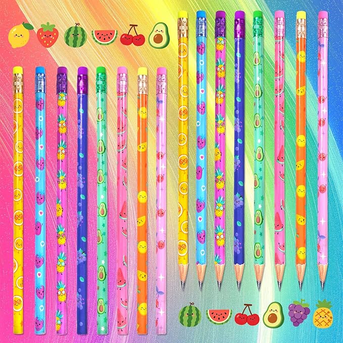 Rbenxia 48PCS Wooden Pencils with Erasers Assortment Colorful Novelty Pencils Awards Incentives Supplies Giveaways Party Favor (Fruit Elements)