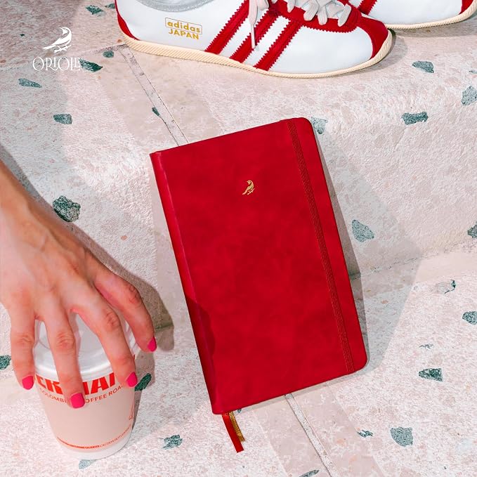 Oriole Vegan Leather Ruled Notebook - Cherry Red | 176 Pages of Thick Lined Paper | Soft Touch Hardcover Journal (5 x 8 in) with Gold Foil Bird Design & Luxury Gift Box