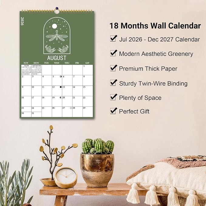 2026-2027 Wall Calendar, 18 Months Moon Calendar from July 2026 - December 2027, Aesthetic Lunar Boho Large Calendar for Home Office Kitchen, Thick Paper for Monthly Organization, Moon Phases, 10"×14.5"